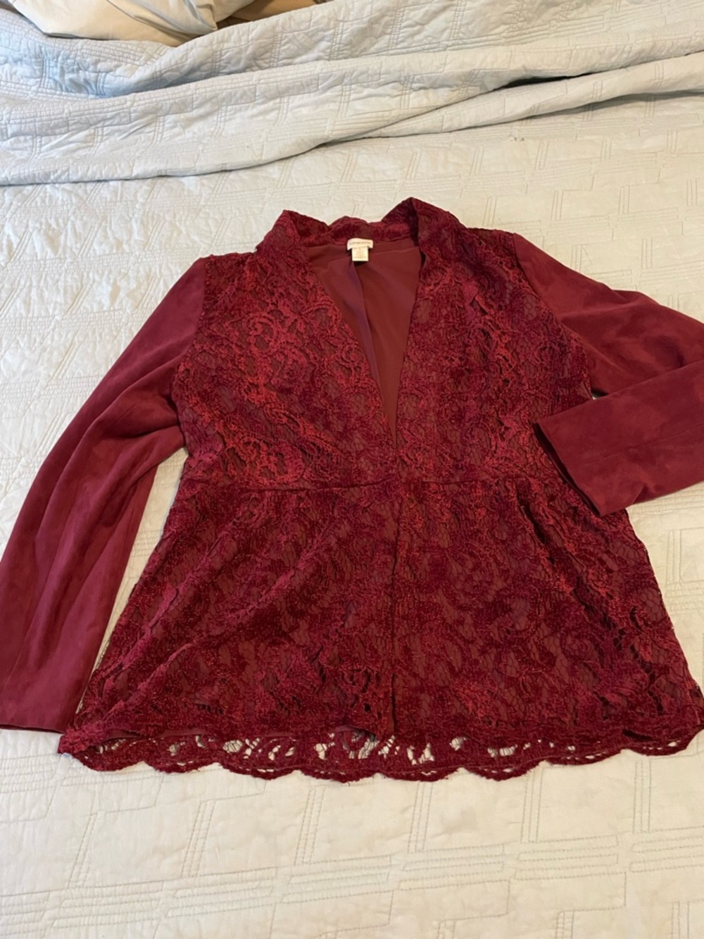 Chico's Burgundy Lace Overlay Open Cardigan